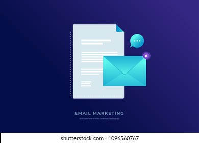 Communication concept, information dissemination, sending email. Letter sheet, envelope and message icon on blue background. Flat vector illustration.