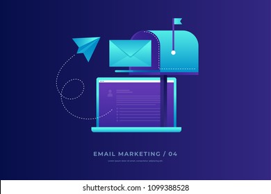 Communication concept, information dissemination, sending email. Open laptop, mailbox, paper airplane and envelope on blue background. Communication, information dissemination. Vector illustration.