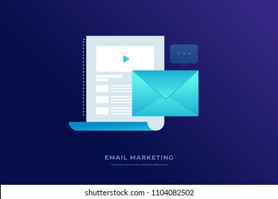 Communication concept, information dissemination, sending email. Letter sheet, envelope, video message and message icon on blue background. Flat vector illustration.