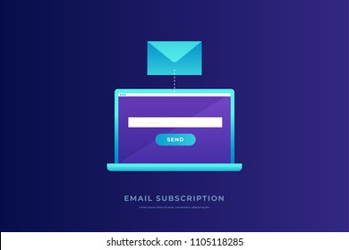 Communication concept, information dissemination, sending email. Laptop with open screen, postal envelope on blue background. Communication, information dissemination. Flat vector illustration.