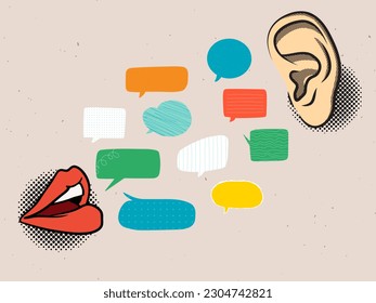 Communication concept - lips and ear. Speaking and listening. Vector illustration