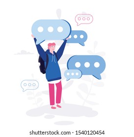 Communication Concept, man hold speech bubble, online support Vector illustration.for web banner, infographics, mobile website. Landing page template. 