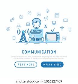 Communication concept: man reading newpaper and watching TV with thin line icons: e-mail, letter, chat, support, video call, microphone. Modern vector illustration, web page template.