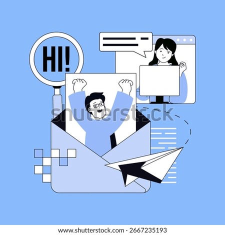 Communication concept for modern web design. People chatting online, sending emails, answering messages, get digital letters, sharing information and feedback in social network. Vector illustration.