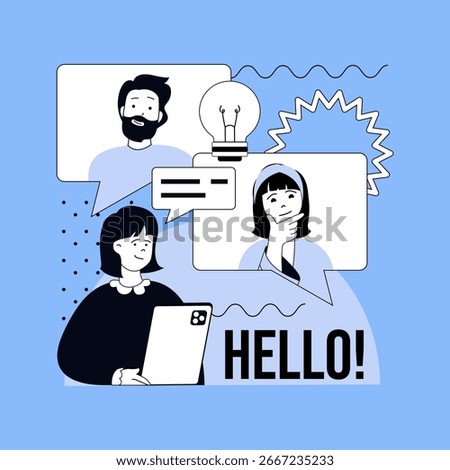 Communication concept for modern web design. People chatting online, meeting at video conference, sending messages to virtual friends, discussing and commenting in speech bubbles. Vector illustration.