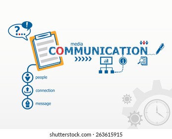Communication concept and notebook. Hand writing Communication with blue marker
