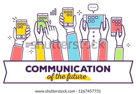 Communication concept on white background. Vector illustration with many color hands holding mobile phone and tablet with header in ribbon frame. Line art style design for web, site, horizontal banner
