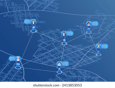 Communication concept. People connected with each other around. Generic city map on background. Editable isometric, vector illustration.