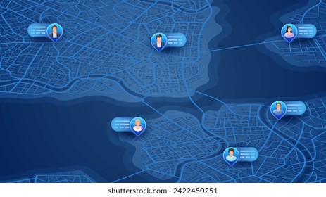 Communication concept. People connected with each other around. Generic city map on background. Editable isometric, vector illustration.