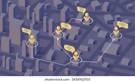 Communication concept. People connected with each other around. Business people around city working with online computer. Generic city map on background. Editable isometric, vector illustration.