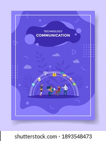 communication concept people working on computer around shield memory card network padlock chat pointer location call for template of banners, flyer, books cover, magazine with liquid shape flat style