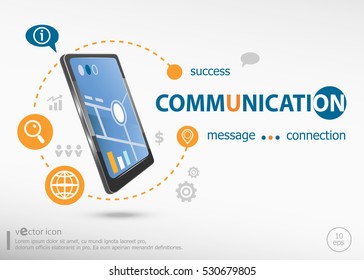 Communication Concept And Realistic Smartphone Black Color. Infographic Business For Graphic Or Web Design Layout