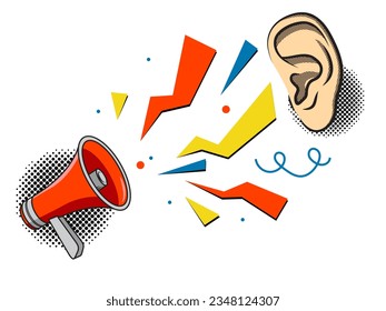 Communication concept - red megaphone and ear. Speaking and listening. Vector illustration isolated on white background