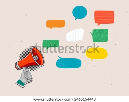 Communication concept - red megaphone in a hand and many different speech bubbles. Speaking process. Modern collage Vector illustration 