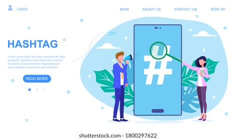 Communication concept with searchable Hashtag on a mobile device denoting content, colored vector illustration for a web page template