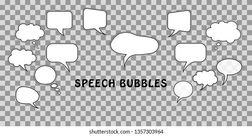 Communication concept. Set of cartoon comic dialog speech bubbles isolated on transparent background. Design elements for chat message, discussion, talk. Vector illustration.