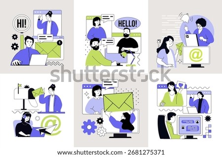 Communication concept set for web design. Collection with people chatting online, sending messages and emails, meeting at video group conference, share comments and networking. Vector illustration.
