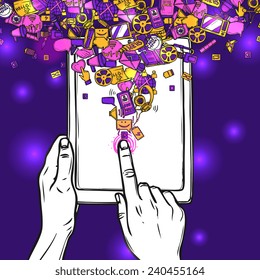Communication concept with sketch hands holding tablet pc and social media icons vector illustration