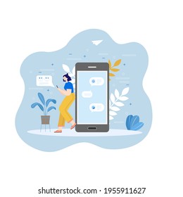 Communication concept. Team metaphor. People chatting on smartphone. Symbol of teamwork, cooperation, partnership. Vector illustration flat design style.