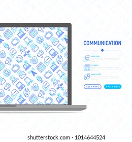 Communication concept with thin line icons: e-mail, newspaper, letter, chat, tv, support, video call, microphone. Modern vector illustration for banner, print media, web page.