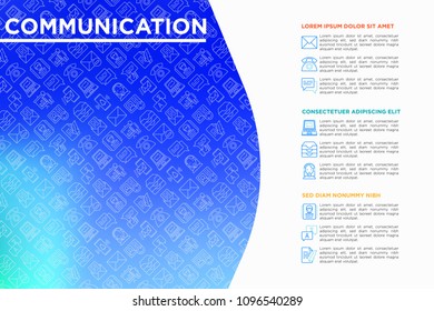 Communication concept with thin line icons: email, phone, chat, contacts, comment, inbox, translator,presentation, message, screen share, support. Modern vector illustration, template for web page.