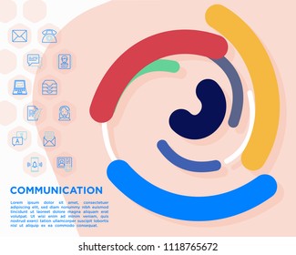 Communication concept with thin line icons: email, phone, chat, contacts, comment, inbox, translator, presentation, message, screen share, support. Vector illustration, web page template.