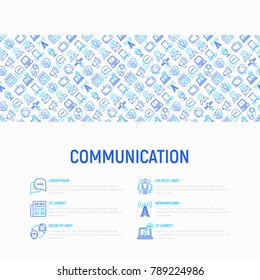 Communication concept with thin line icons: e-mail, newspaper, letter, chat, tv, support, video call, microphone. Modern vector illustration for banner, print media, web page.
