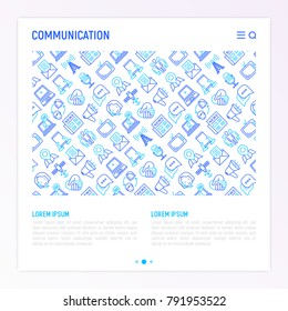 Communication concept with thin line icons: e-mail, newspaper, letter, chat, tv, support, video call, microphone. Modern vector illustration for banner, print media, web page.