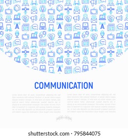 Communication concept with thin line icons: e-mail, newspaper, letter, chat, tv, support, video call, microphone. Modern vector illustration for banner, print media, web page.