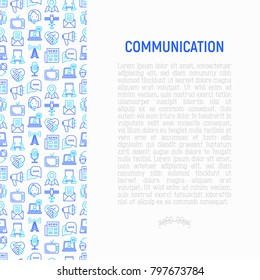 Kommunikationskonzept mit dünnen Linien-Symbolen: E-Mail, Zeitung, Brief, Chat, TV, Support, Videoanruf, Mikrofon. Moderne Vektorgrafik für Banner, Printmedien, Webseite.