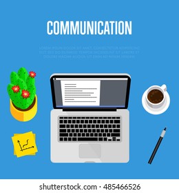 Communication concept. Top view office workspace, vector illustration. Business workplace with laptop, pen, cactus and coffee cup on table. Modern workplace background.