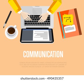 Communication concept. Top view office workspace, vector illustration.