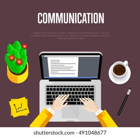 Communication concept. Top view office workspace, vector illustration. Overhead view of businessman working on laptop at office desk. Office workplace background with space for text.