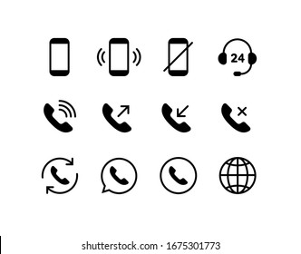 Communication Concept. Vector Flat Outline Icon Set Illustration. Black Isolated On White Background. Phone Call Handset Sign. Design Element Collection For Customer Sevice And Web, Logo, Ui.