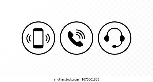  Concepto de comunicación. Icono de conjunto de iconos de esquema plano vectorial. Blanco y negro sobre fondo transparente. Teléfono inteligente, auriculares y auriculares con micrófono en círculo. Elemento de diseño para servicio al cliente y web