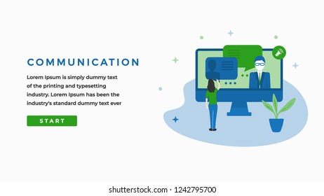 Communication Concept with WoMan in front of a Monitor, Button, Text Place. Suitable for Web banner, Infographics, Hero images. Flat Vector Character  Illustration Isolated on White Background.