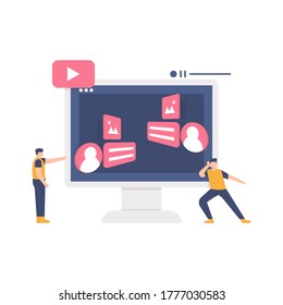 communication concepts, discussion forums, online chat. illustration of two people using the chat application on a laptop and listening to a chat in progress. flat design. can be used for elements