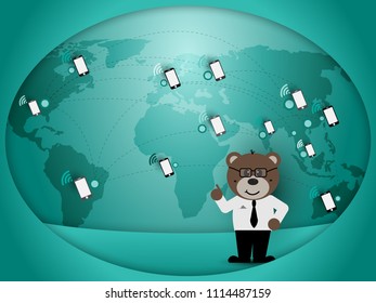 Communication concept,Teddy bear businessman with business smart phone on map of the world ,vector eps 10.