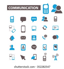Comunicación, conexión, negocios hablando, llamadas, chat, teléfono, mensaje, contacto, tecnología, gadget, teléfono, conexión, tecnología, iconos móviles, conjunto de señales vectoriales

