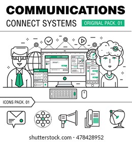 Communication connect social technology pack. Modern thin media line icons. Professional production in business  elements of conversation. High quality vector symbol. Stroke pictogram for web design.