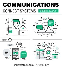 Communication connect social technology pack. Modern thin media line icons. Professional production in business  elements of conversation. High quality vector symbol. Stroke pictogram for web design.