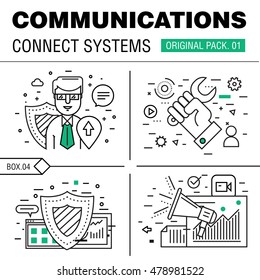 Communication connect social technology pack. Modern thin media line icons. Professional production in business  elements of conversation. High quality vector symbol. Stroke pictogram for web design.