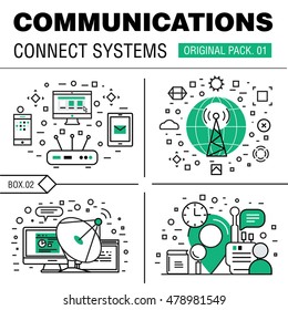 El paquete de tecnología social de conexión de comunicación. Iconos modernos de línea de medios finos. Producción profesional en elementos empresariales de conversación. Símbolo vectorial de alta calidad. Pictograma de trazo para el diseño web.