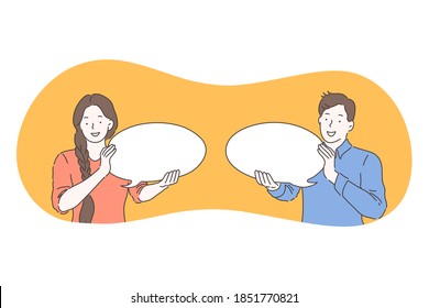 Communication, connection, chat concept. Young smiling woman and man cartoon characters holding white speech message chat bubble signs in hands. Online communication, message, reply, conversation