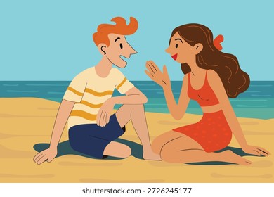 communication connection concept, young couple - friend on beach, funny gossip talking together , vector art