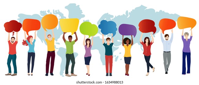 Communication connection group of diverse multiethnic people.Speech bubble.Social network.Speak. Information sharing.Communicating talking sharing ideas and thoughts.Socializing and informing