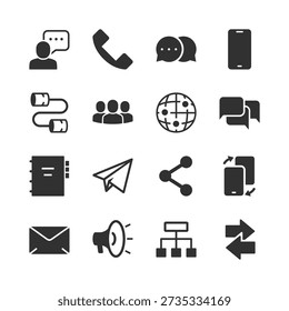 Communication and connection methods, monochrome icons set. Interpersonal communication channels, voice and message exchange, analog and digital contact. Black and white symbols style.