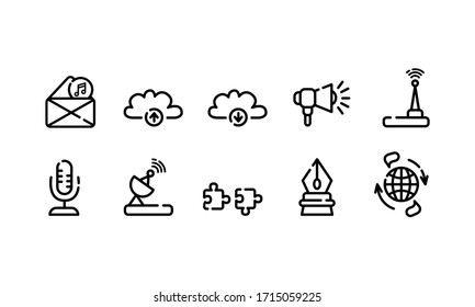 communication and connection outline icons - black line symbols or pictograms for app or web site, chat conversation and mobile phones gadgets concept, isolated icons on white background - vector set