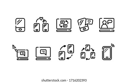 communication and connection outline icons - black line symbols or pictograms for app or web site, chat conversation and mobile phones gadgets concept, isolated icons on white background - vector set