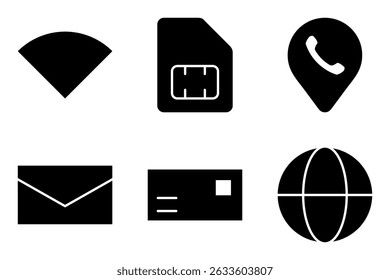 Conjunto de ícones de Comunicação e Conectividade, incluindo Sinal Wi-Fi, Cartão SIM, Cabine telefônica, Email, Cartão postal, ícones de Internet